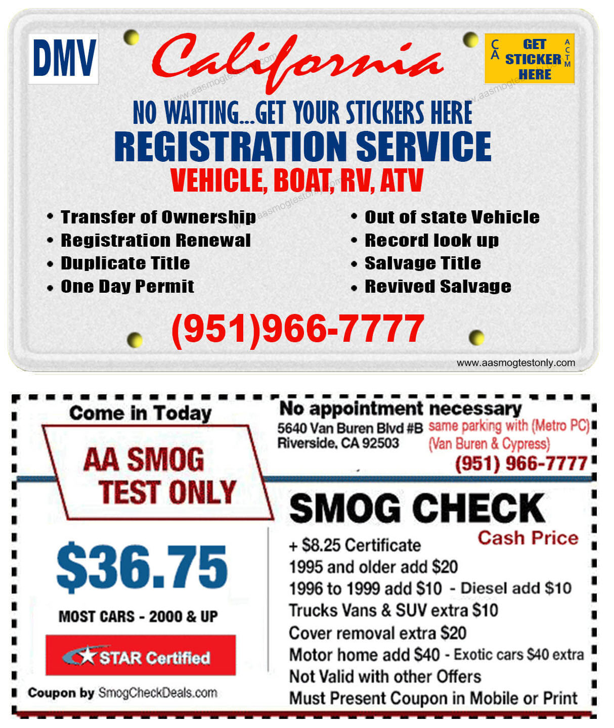 DMV Registration (951) 966 7777 AA Smog Test Only Fast Service